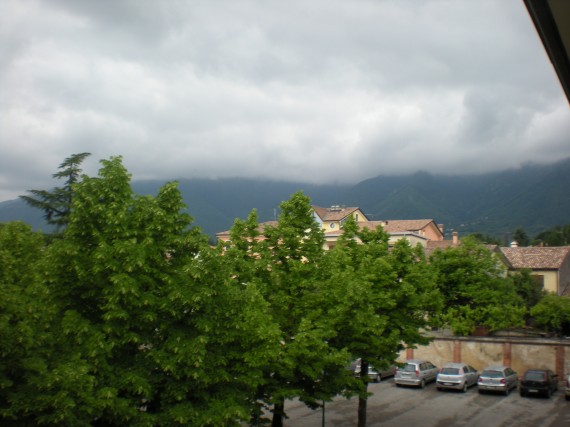 Foggy mountain view from dorm window