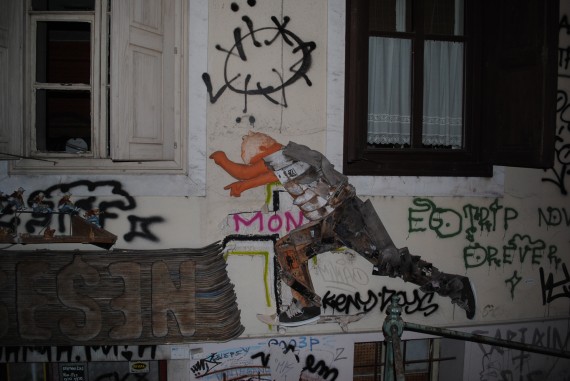Graffitti made from old sneakers, clothes and wood